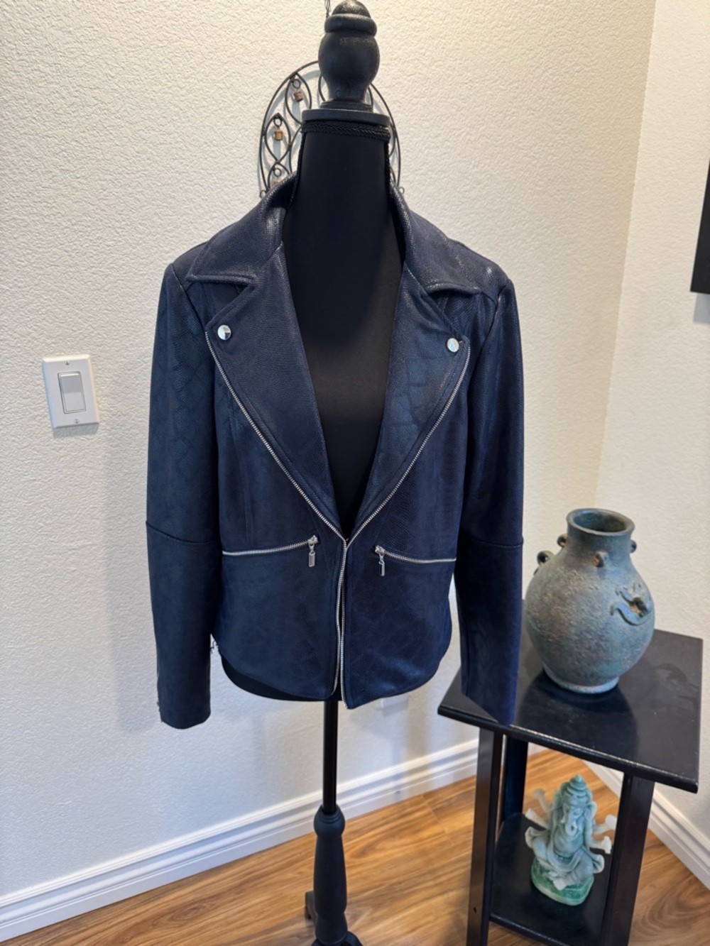 Frank Lyman Design Dark Navy Faux Leather Moto Blazer